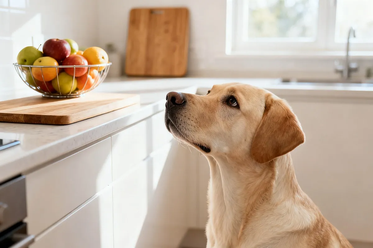 Labrador retriever assis dans une cuisine lumineuse, regardant le plan de travail avec curiosité