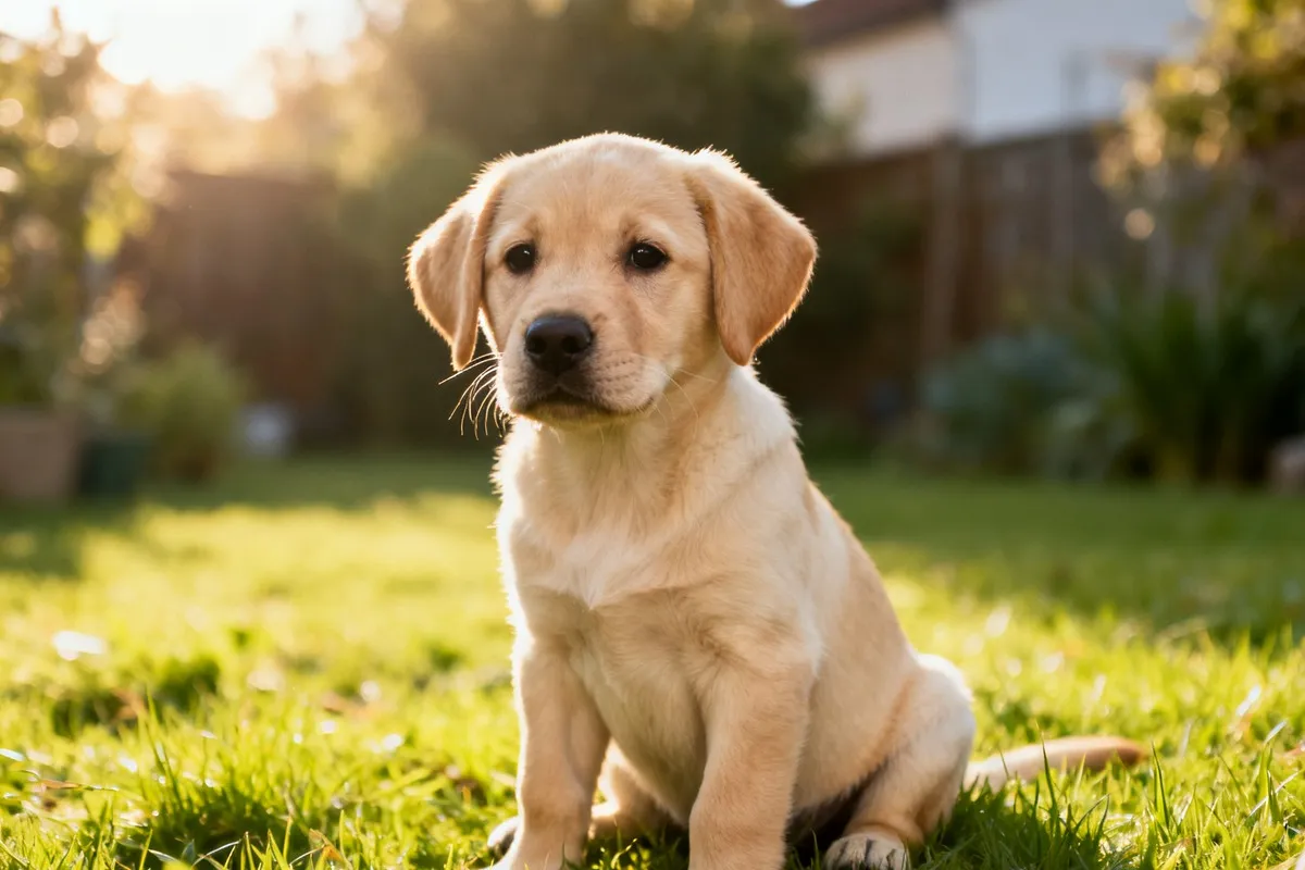 Chiot labrador de trois mois assis dans l'herbe d'un jardin ensoleillé le matin, le regard attentif