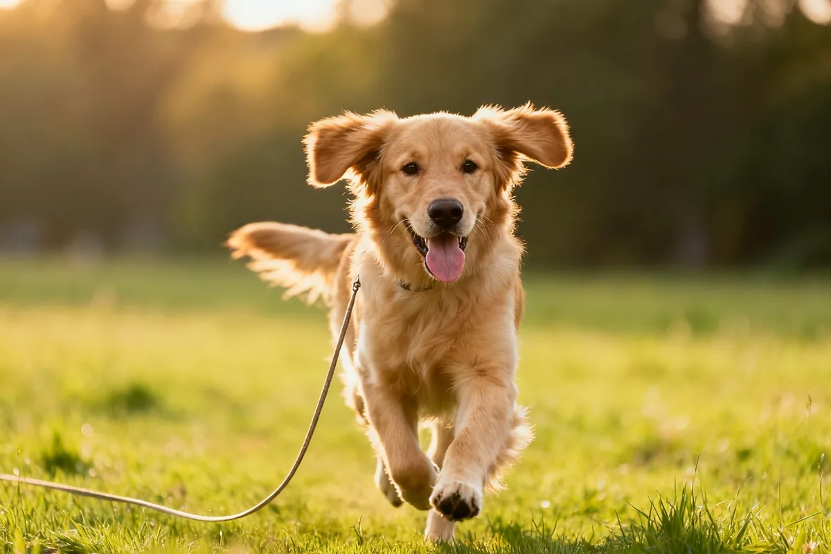 Jeune golden retriever courant joyeusement vers l'objectif dans une prairie, une longe fine traînant dans l'herbe, en lumière dorée de fin d'après-midi