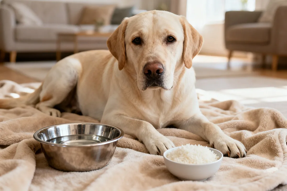 Labrador adulte allongé sur un plaid beige dans un salon lumineux, à côté d'une gamelle d'eau fraîche et d'un petit bol de riz blanc