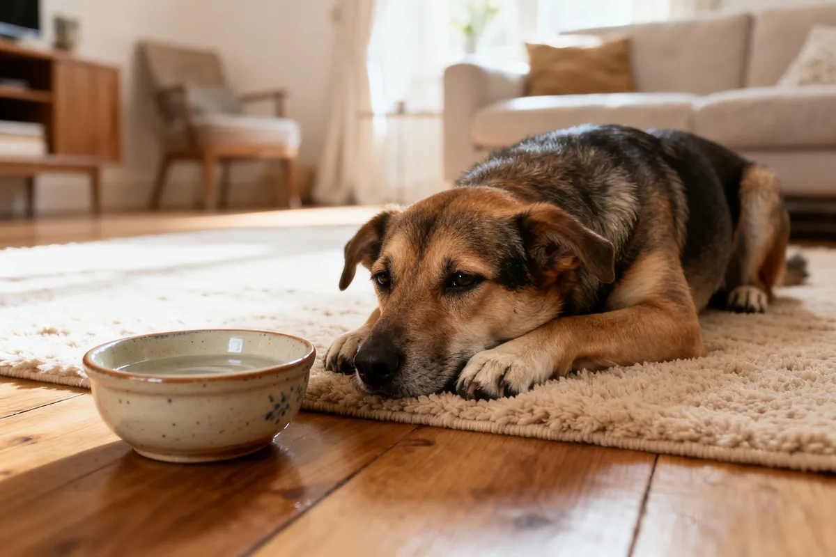 Chien croisé couché sur un tapis du salon, la tête posée sur les pattes, à côté de sa gamelle d’eau