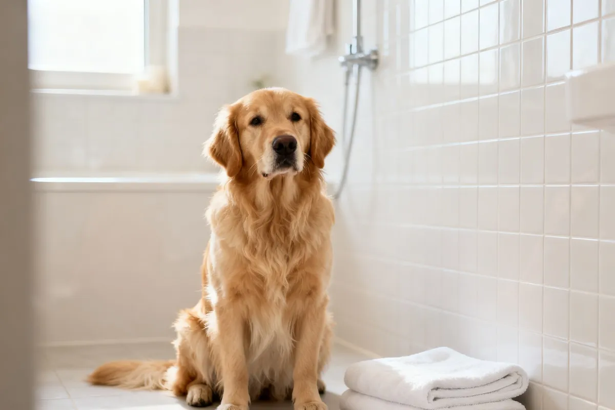 Golden retriever propre et au poil duveteux, assis calmement sur le carrelage d'une salle de bains à côté d'une serviette blanche pliée