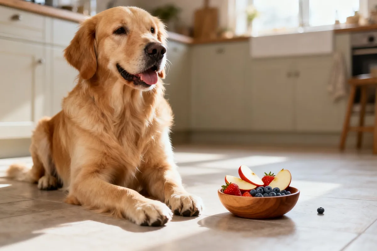 Golden retriever assis dans une cuisine devant un petit bol en bois contenant des tranches de pomme, des fraises et des myrtilles