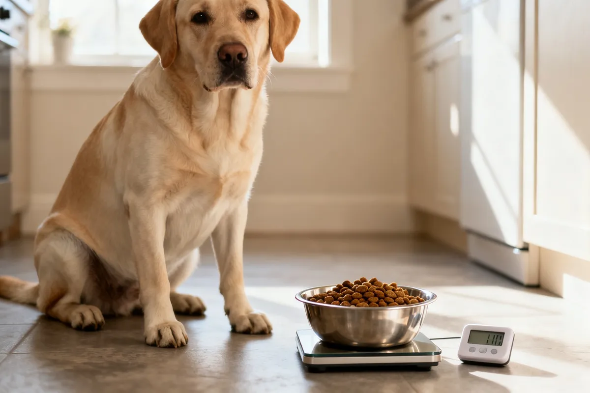 Labrador adulte assis calmement à côté d'une gamelle de croquettes et d'une balance de cuisine, dans une cuisine lumineuse
